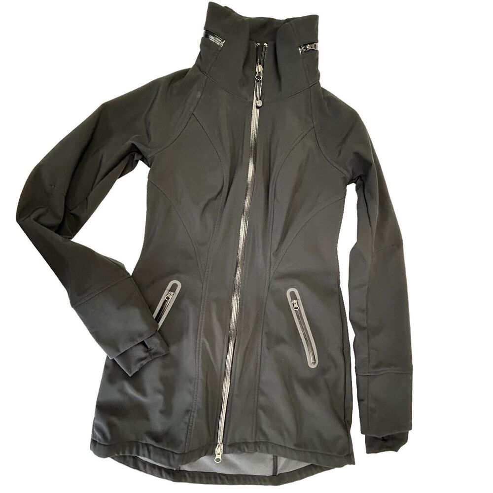 Athleta Softshell Bainbridge Reflective Midi Jacket Women Size XXS Black Hood